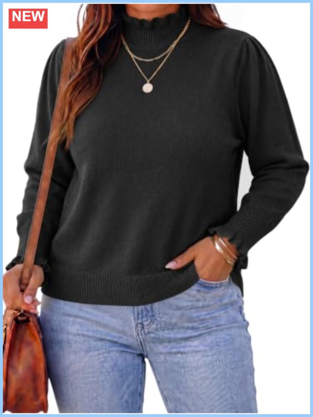 Plus Size Mock Neck Ruffle Puff Sleeve Knit Sweater Pullover